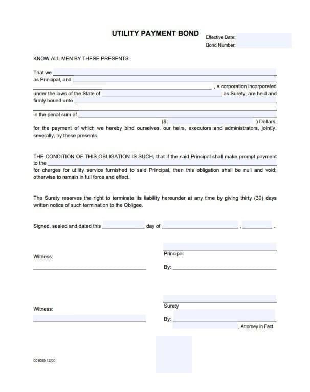 Nebraska Utility Deposit Bond Form