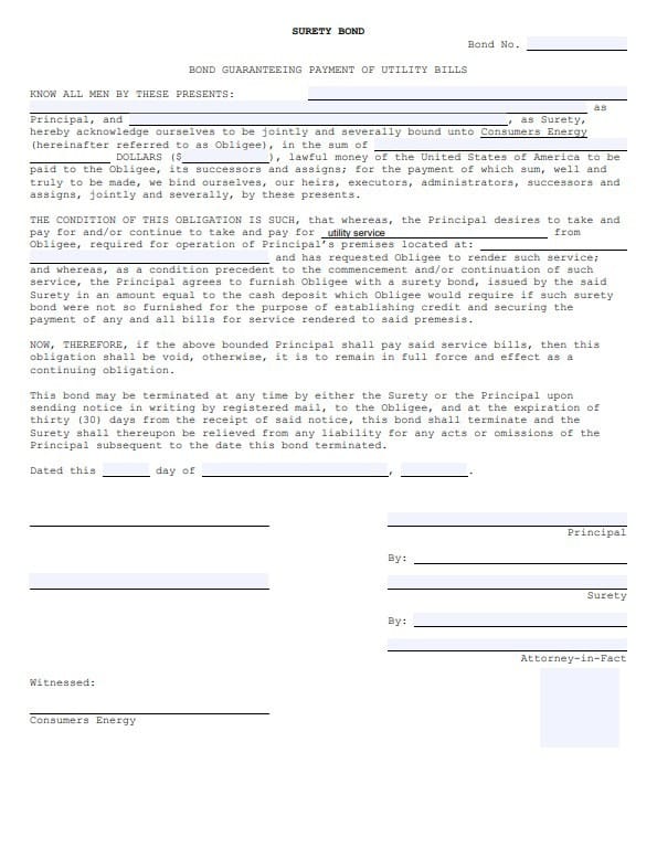 Michigan Utility Deposit Bond Form