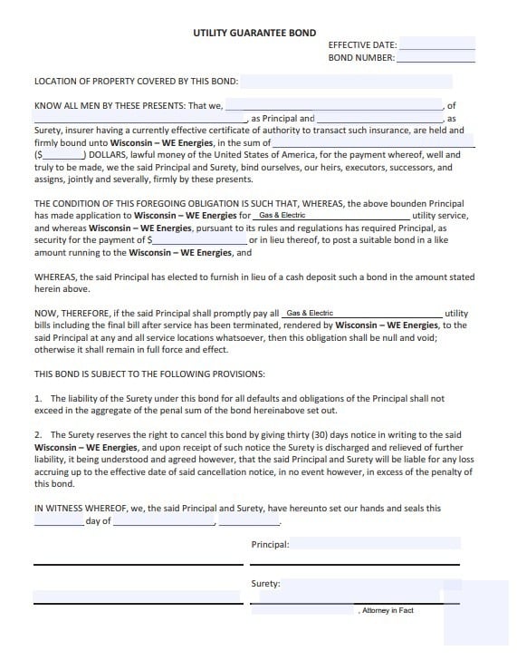 Wisconsin Utility Deposit Bond Form