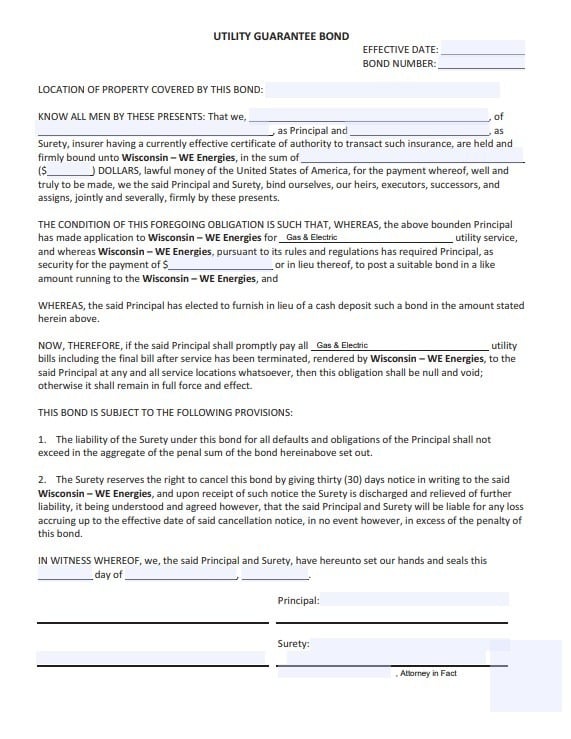 Wisconsin Utility Deposit Bond Form