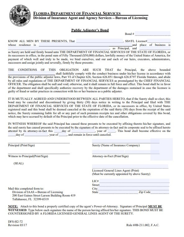 Florida Public Adjuster Bond Form