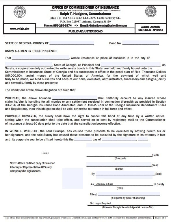 Georgia Public Adjuster Bond Form