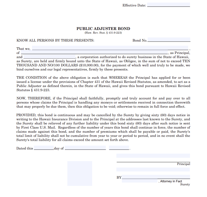 Hawaii Public Adjuster Bond Form