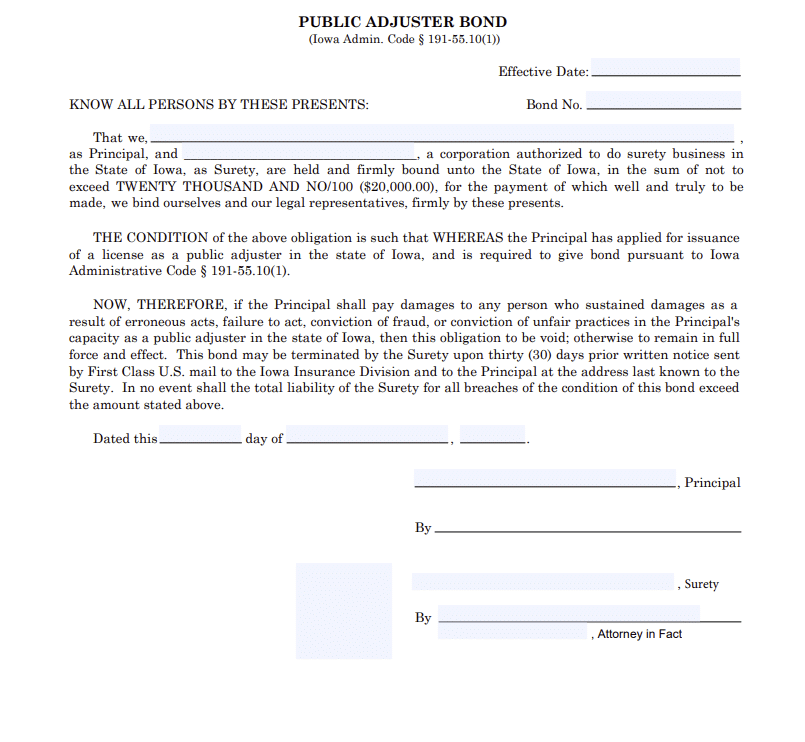 Iowa Public Adjuster Bond Form