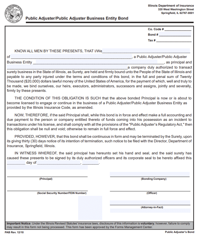 Illinois Public Adjuster Bond Form