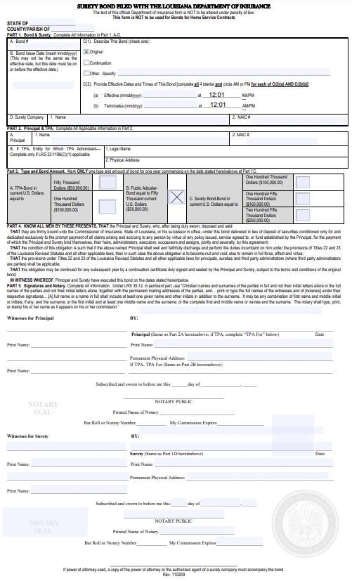 Louisiana Public Adjuster Bond Form