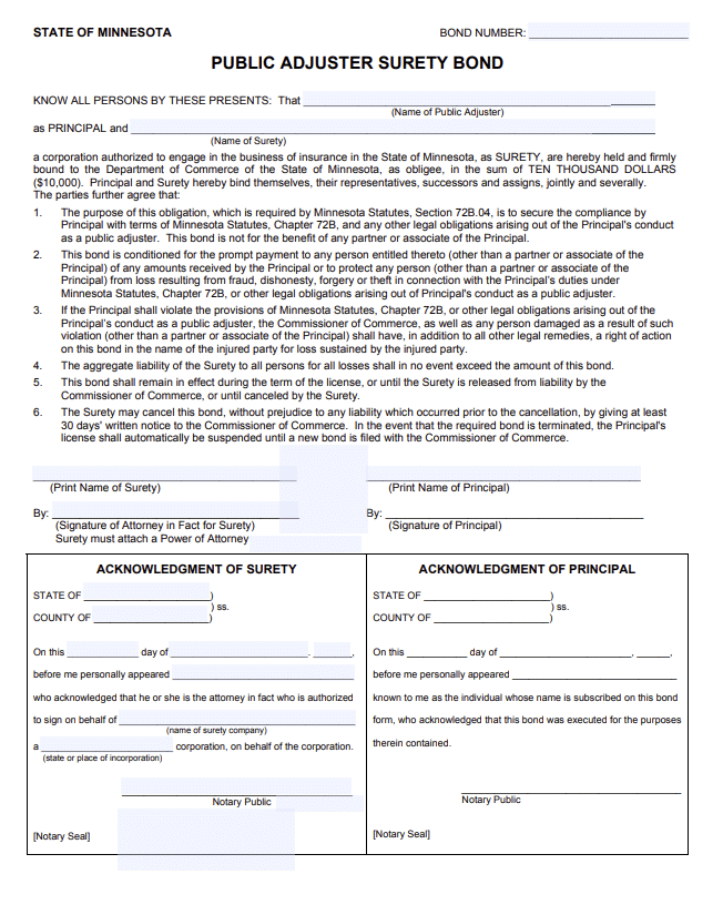 Missouri Public Adjuster Bond Form