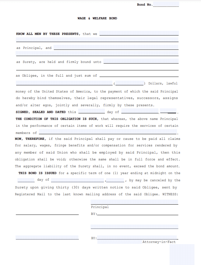 Wage and Welfare Bond Form