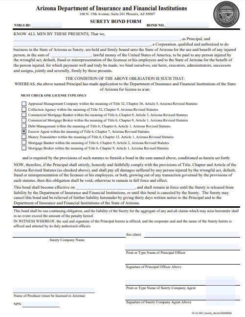 Arizona Escrow Agent Bond Form