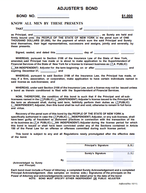 New York Public Adjuster Bond Form