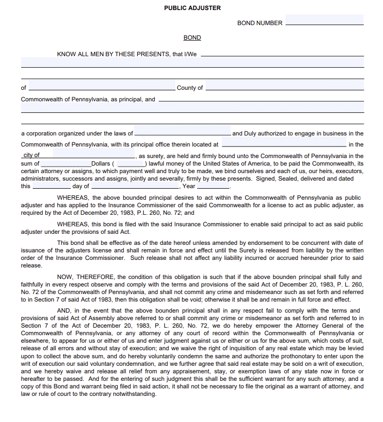 Pennsylvania Public Adjuster Bond Form