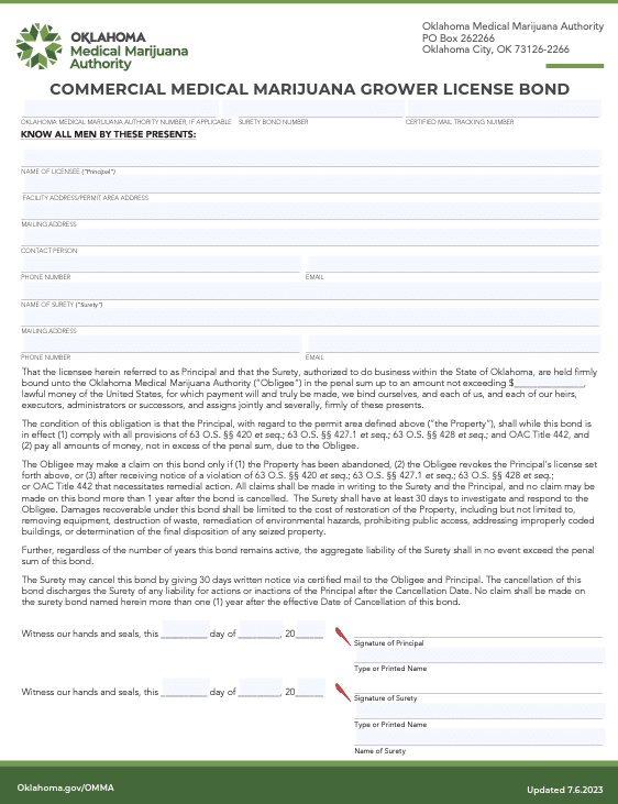 Oklahoma Medical Marijuana Grower License Bond Form