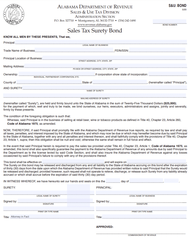 Alabama Beer, Wine, or Tobacco Tax Bond Form