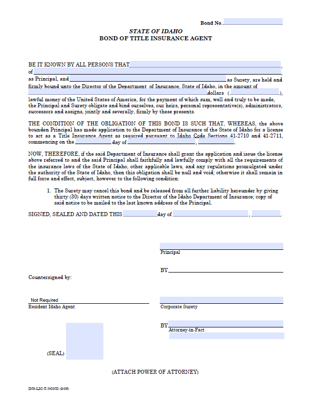 Idaho Title Agent Bond Form