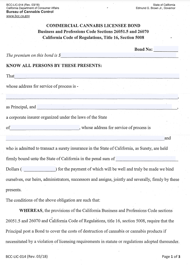California Commercial Cannabis License Bond Form
