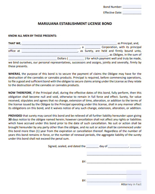 Massachusetts Marijuana Establishment Bond Form