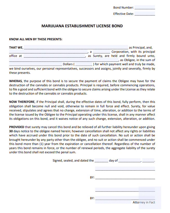 Massachusetts Marijuana Establishment Bond Form