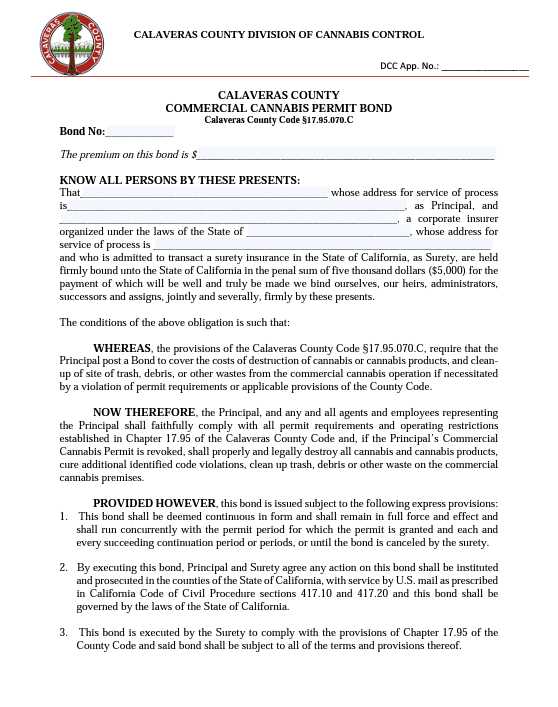 Calaveras County Commercial Cannabis Bond Form