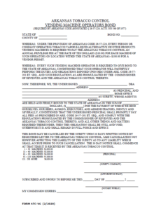 Arkansas Tobacco Vending Machine Operators Bond Form