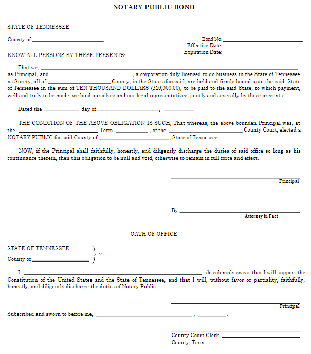 Tennessee Notary Public Bond Form