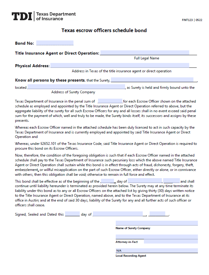Texas NonResident Escrow Officer Employee Bond A Comprehensive Guide
