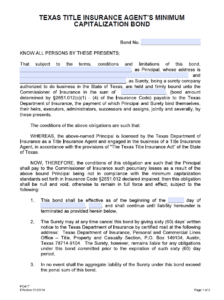 Texas Title Insurance Agent's Minimum Capitalization Bond Form