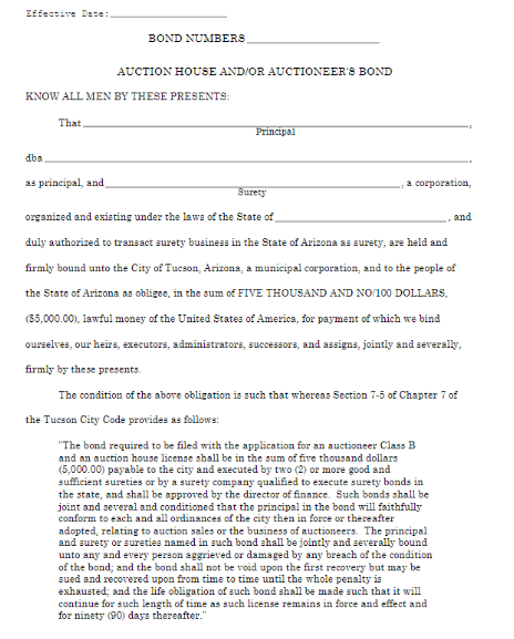 Tucson Auctioneer Bond Form