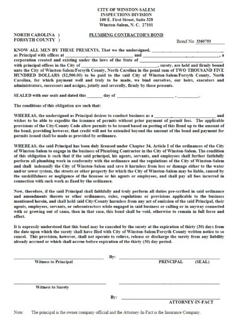 Winston-Salem Plumbing Contractor Bond Form