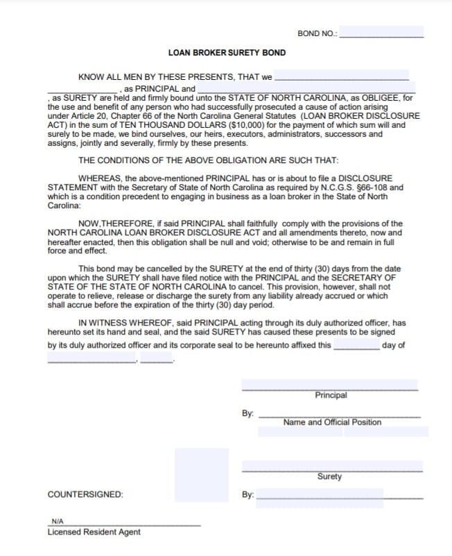 North Carolina Loan Broker Bond Form