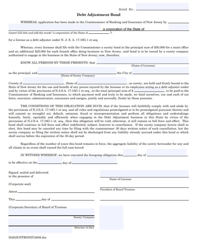 New Jersey Debt Adjuster Bond Form