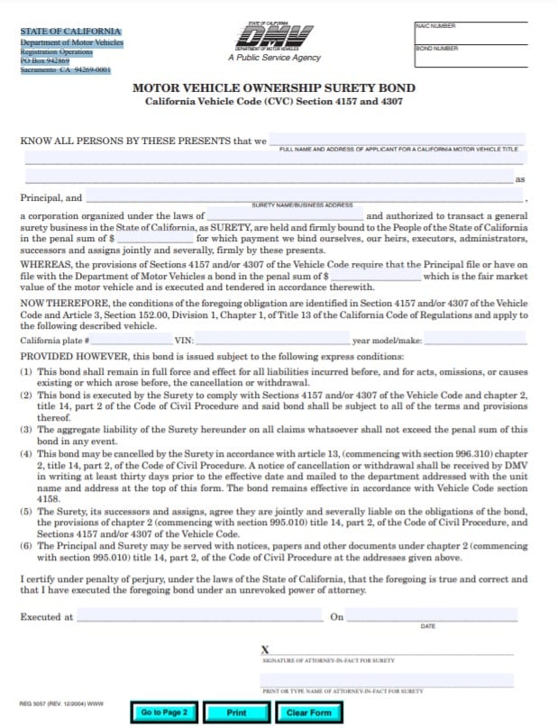 California Lost Title Bond Form