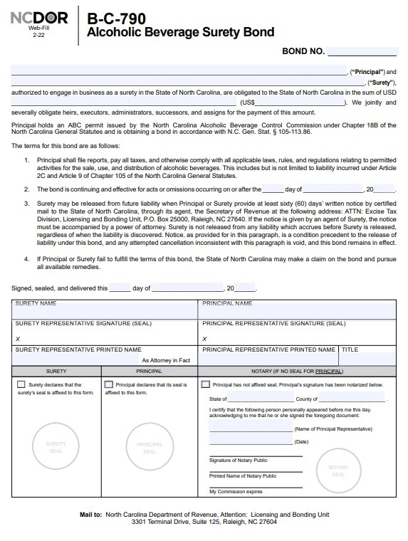 North Carolina Alcohol Tax Bond Form