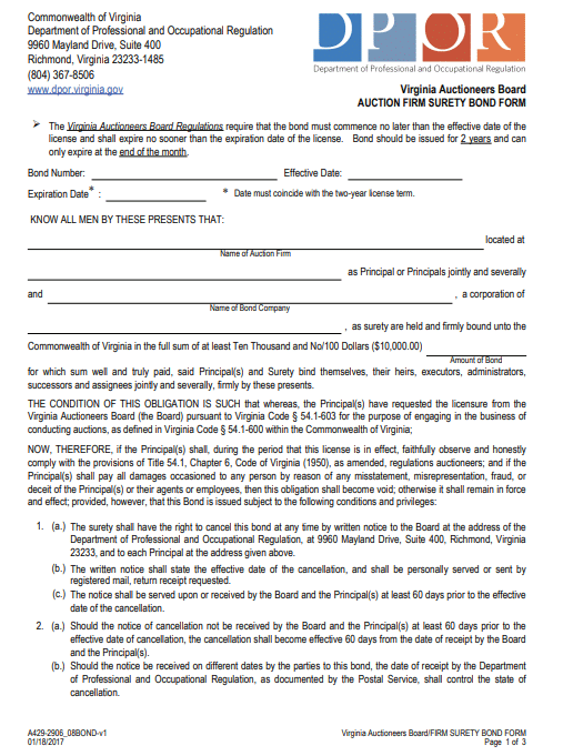 Virginia Auction Firm Bond Form