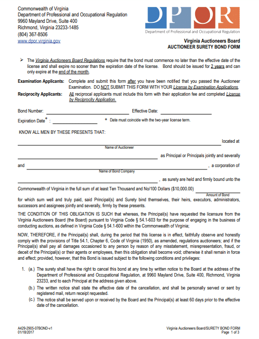 Virginia Auctioneer Bond Form