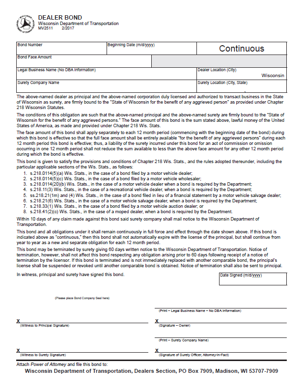 Wisconsin auto dealer bond form