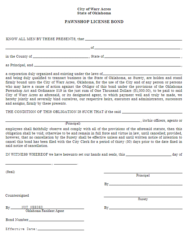 Warr Acres Pawnbroker Bond Form