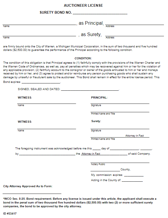 Warren Auctioneer Bond Form