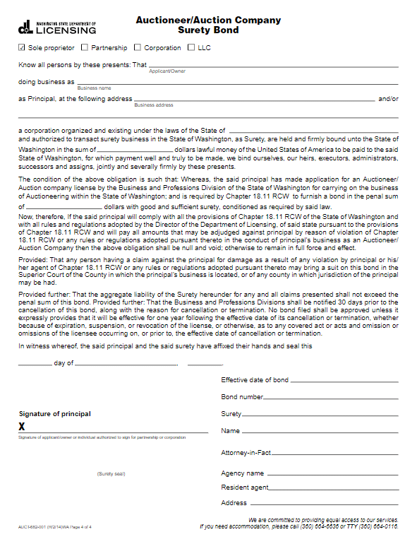 Washington Auctioneer Bond Form