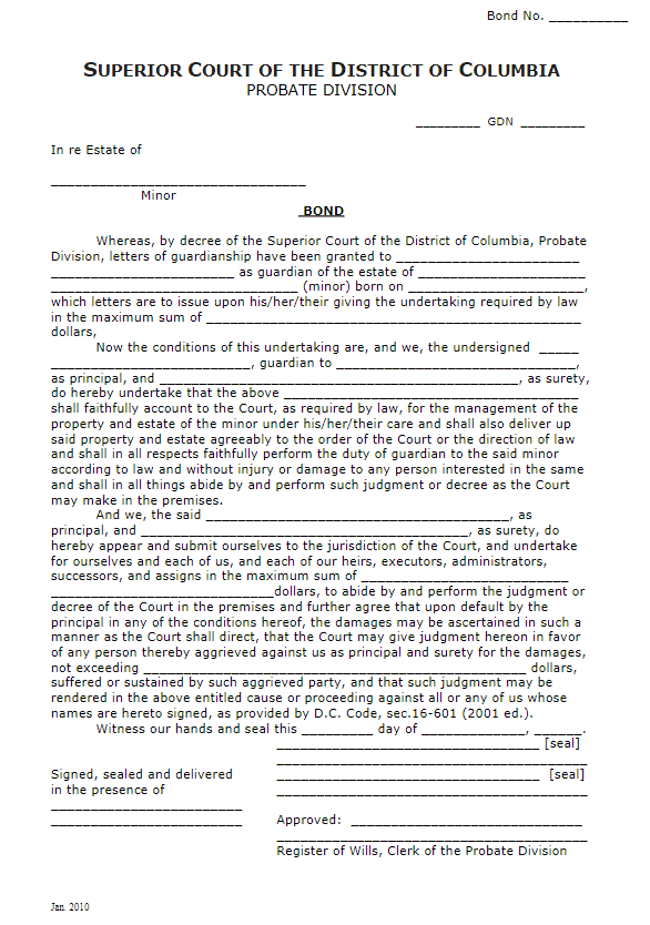 Washington DC Guardian Bond Form