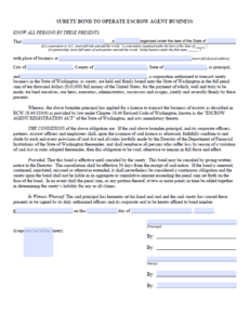 Washington Escrow Agent Business Bond Form