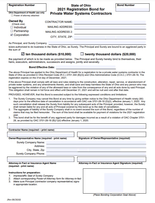 Ohio Private Water System Contractor Bond Form