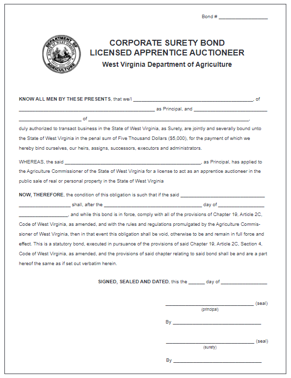 West Virginia Apprentice Auctioneer Bond Form