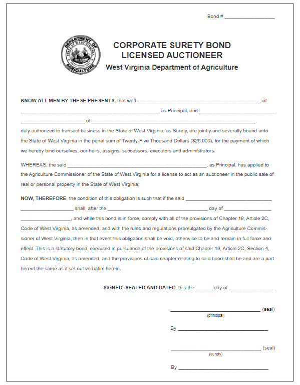 West Virginia Auctioneer Bond Form