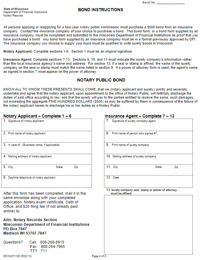 Wisconsin Notary Public Bond Form