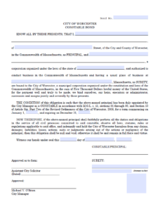 City of Worcester Constable Bond Form