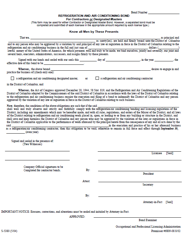 District of Columbia master refrigeration and air conditioning bond form