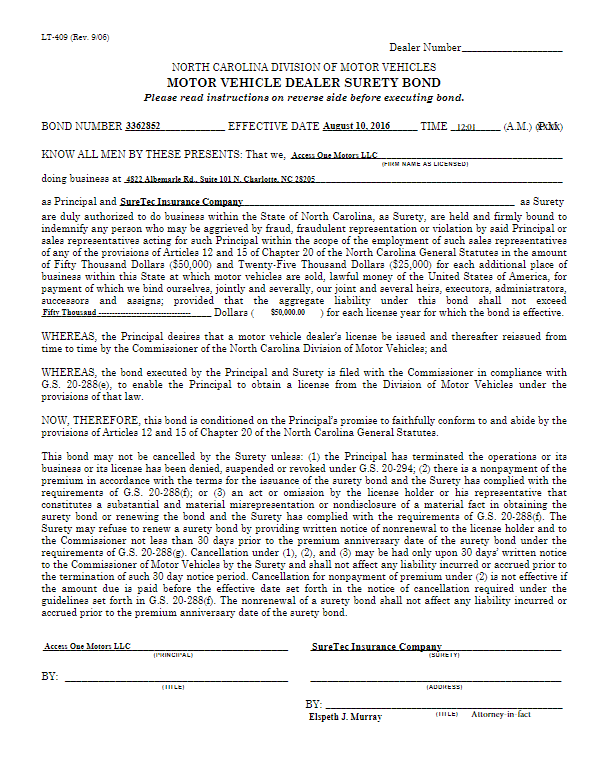 North Carolina Motor Vehicle Dealer Bond North Carolina Motor Vehicle Dealer Bond
