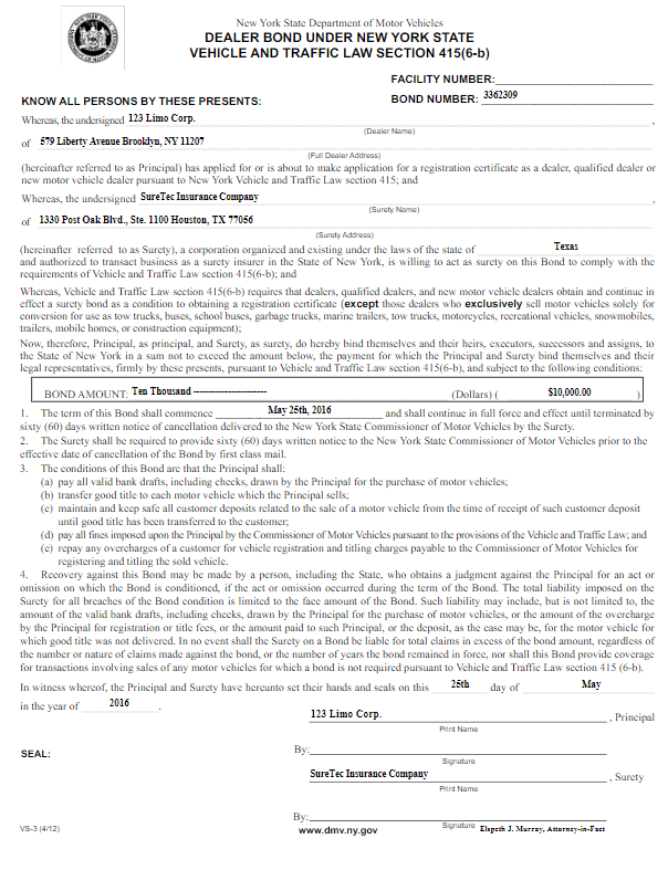 New York Motor Vehicle Dealer Bond New York Motor Vehicle Dealer Bond